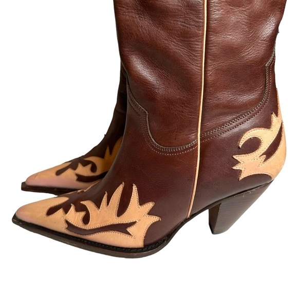 Lucchese Charlie 1 Horse Brown Pink Pointed Toe Heeled Cowboy Boots Size 7 - Picture 2 of 10